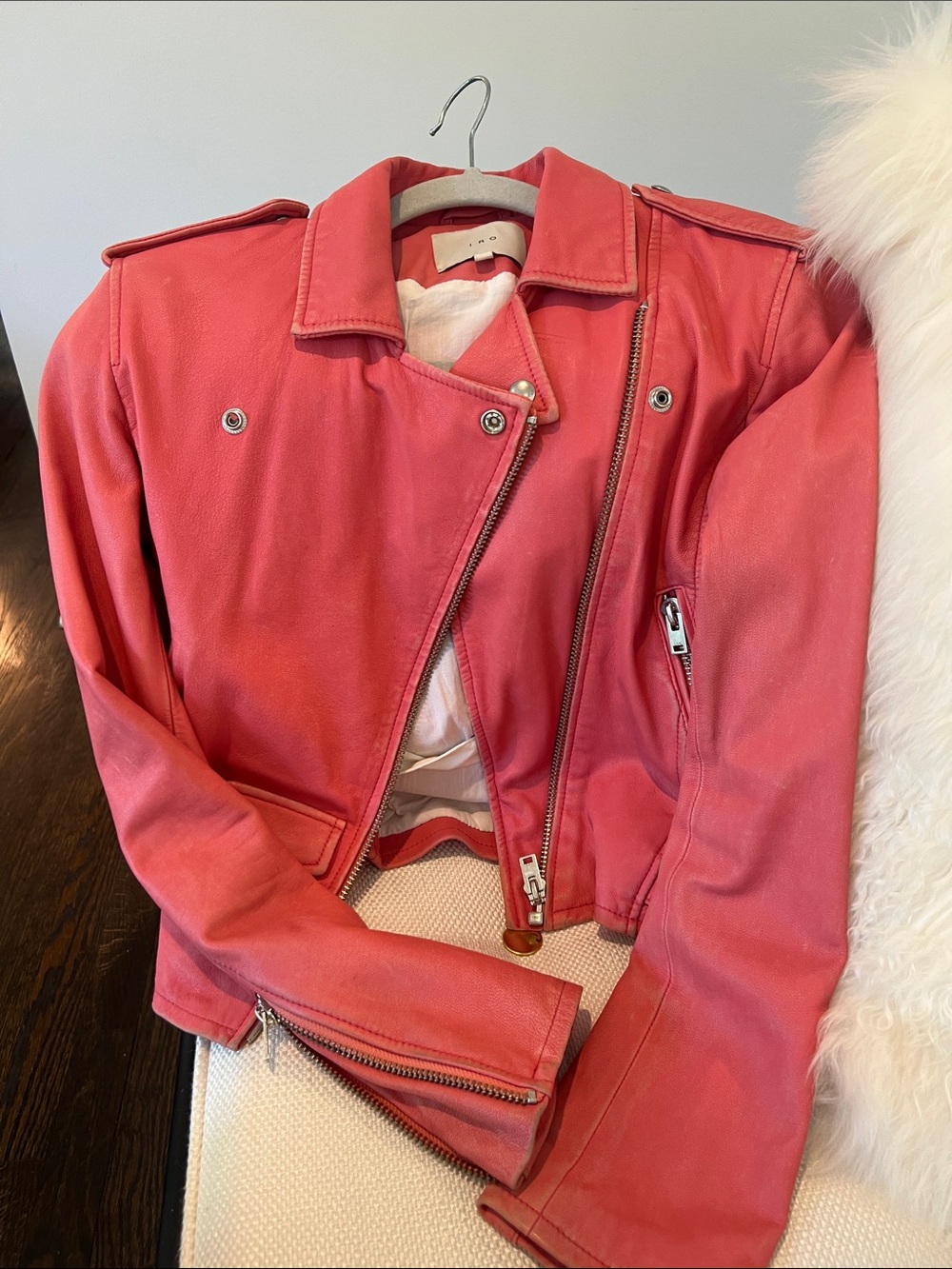IRO Coral Pink Leather Moto Jacket